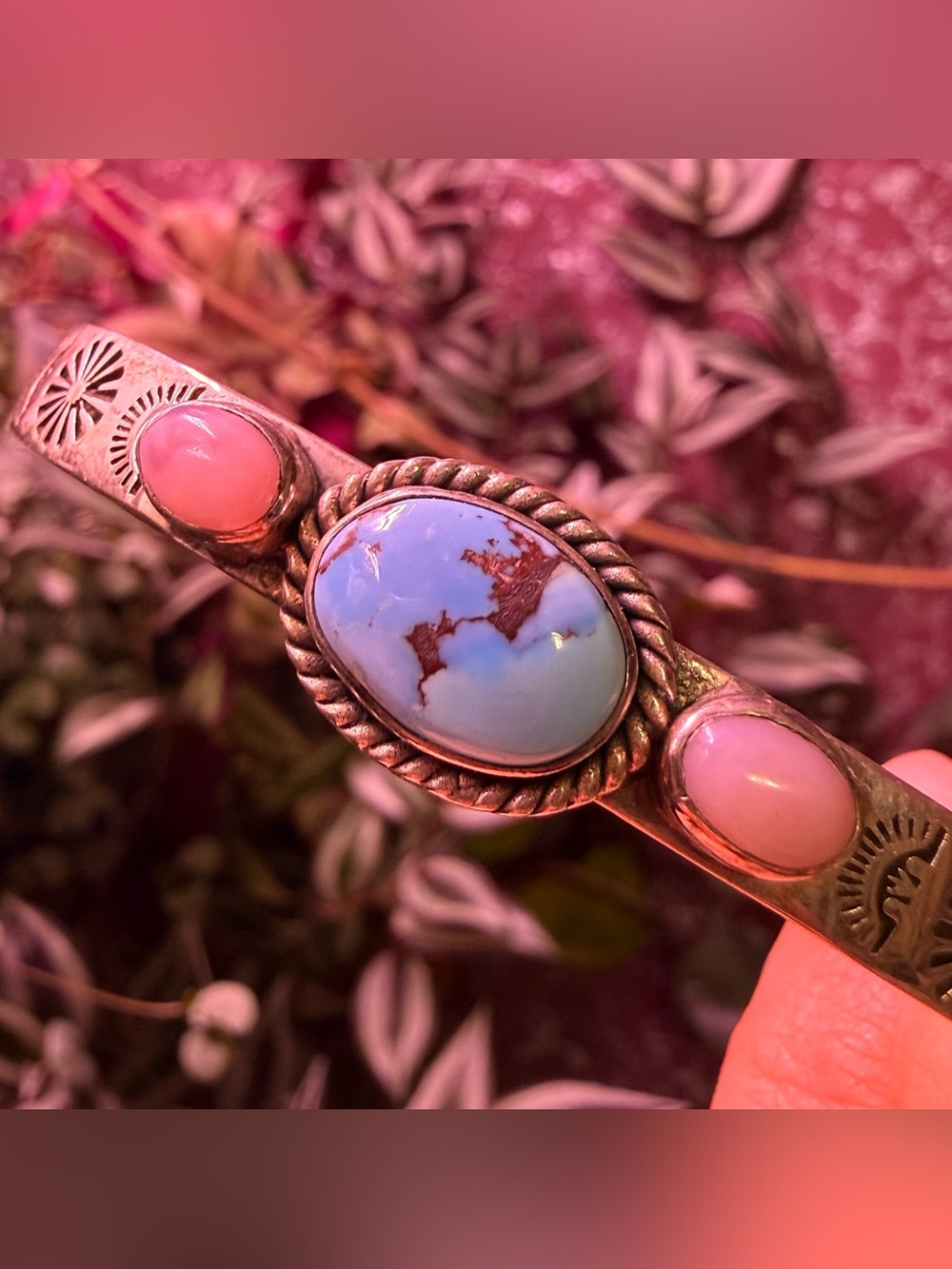 Vintage Sterling Silver Stone Cuff Bracelet | Blue & Pink Cabochon Stones